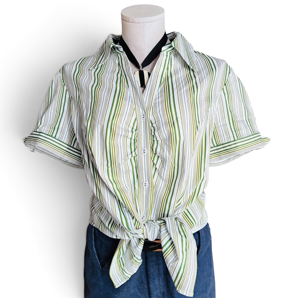 Lane Bryant Green Stripe Button-Front Blouse Size 14 NWT
